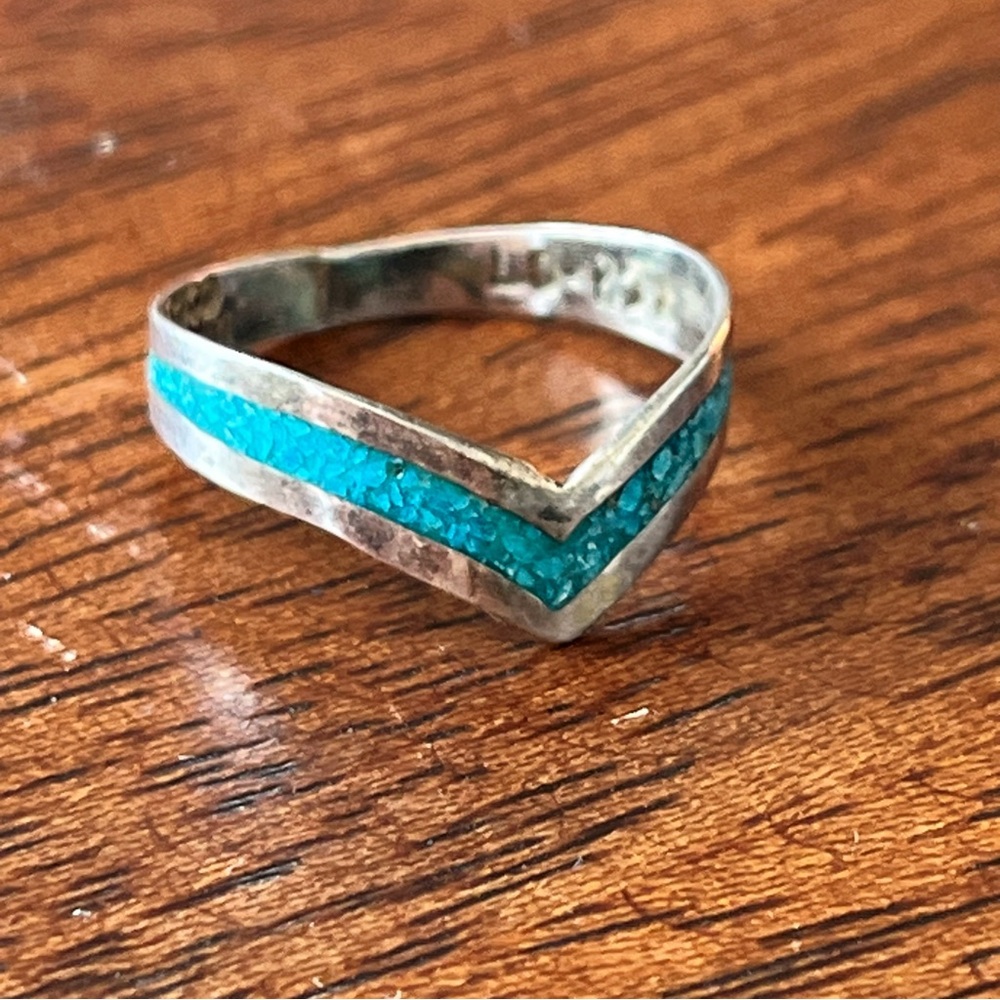 VINTAGE 925 Sterling Mexico TCN-07 and Turquoise Chevron Ring 6.5 - Picture 4 of 8